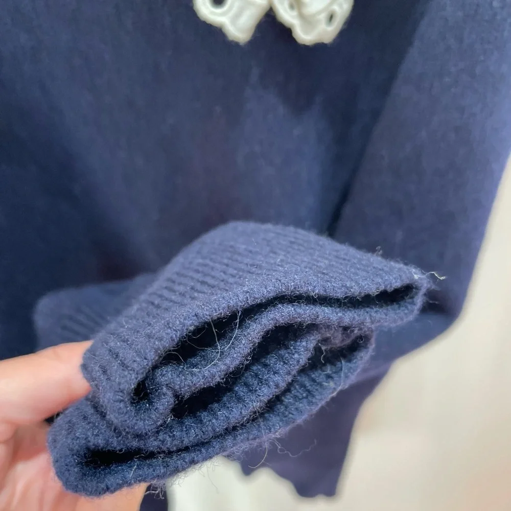 Sandro Sivane Navy Blue 100% Wool Pilgrim Broderie Trim Collar Sweater Size 2(S) - Picture 8 of 10